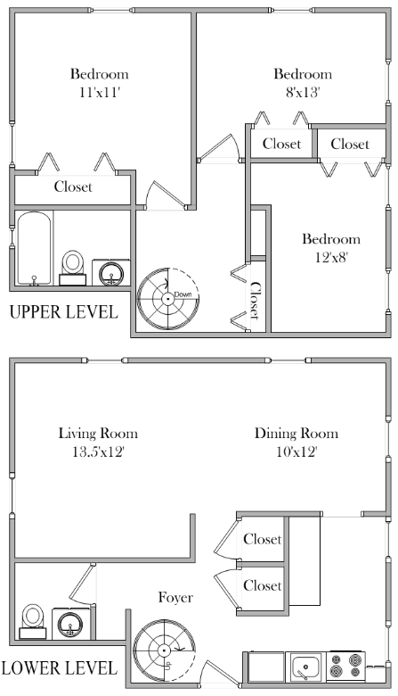Floor plan for 3 beds, 1.5 baths